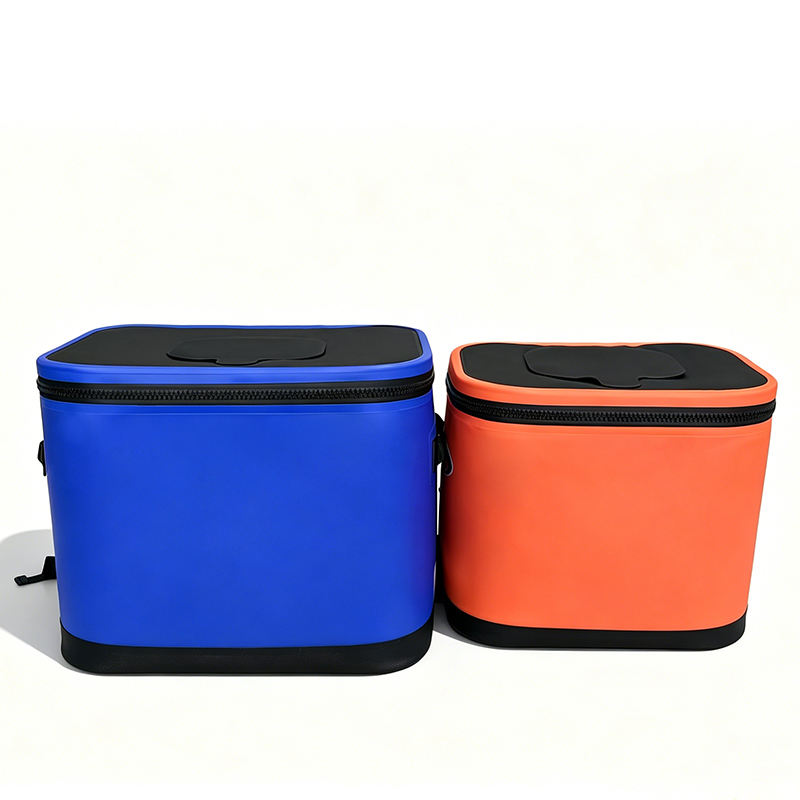 two sizes of insulated soft cooler backpack in blue and orange