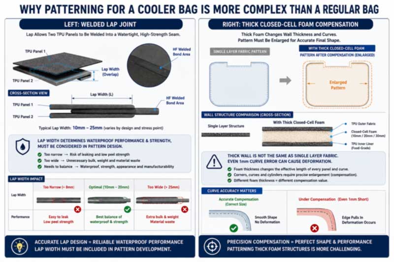 cooler backpack pattern-making showing weld lap allowance and thick closed-cell foam wall pattern compensation