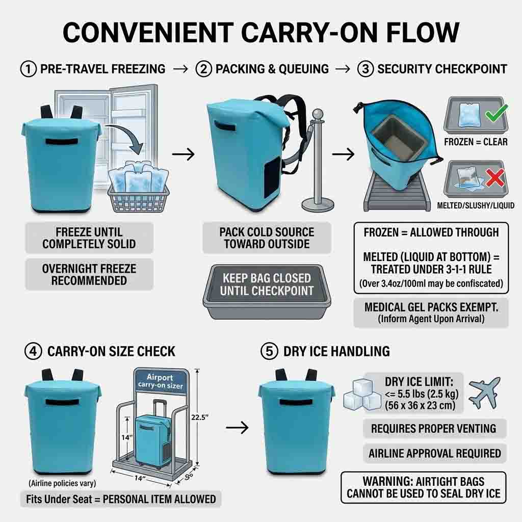 airport screening flow for a travel cooler backpack covering frozen-solid ice packs, 3-1-1 liquids and carry-on size limits